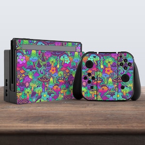 switch skin mushrooms switch skin green skin vintage skin retro 80s vinyl sticker decal for console dock controller joycon joy con holograph