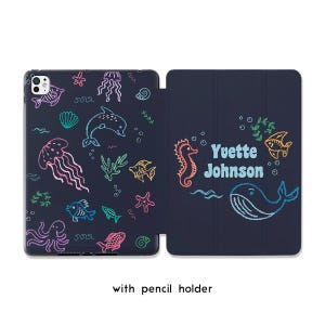 Cute fish iPad case kawaii Dolphin Jelly fish Whale Seahorse Personalized Name Custom Mini 7 A17 Air 13 11t gen A16 Pro 13 11 2025 12 9 2022