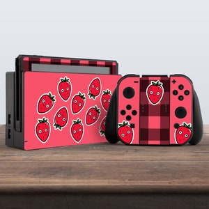 Switch Skin Pink Switch Skin rote Erdbeere Switch Skin Kawaii niedlicher Aufkleber ästhetischer Aufkleber für Konsole Dock Controller joycon joy con skin