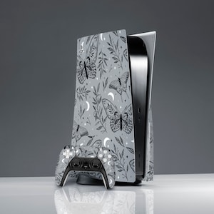 PS 5 skin moth PS 5 console cover sticker decal gray print skin sticker wrap ps 5 skin floral skin console skin ps 5 skin leaf PS 5 boho art