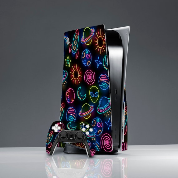 PS5 Skin Black Playstation 5 Skin Neon Space Alien Console and 