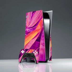 Bamboo leaves Pink Orange leaf Botanical print skin Sticker decal PS skin purple Floral skin PS 5 console cover PS 5 controller Room decor
