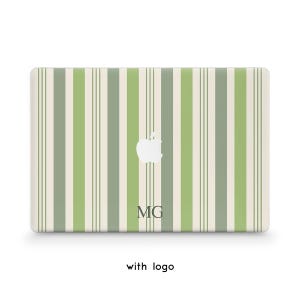 May include: A rectangular laptop skin featuring a vertical striped pattern in shades of sage green, olive green, and cream. The design includes a centered white Apple logo cutout and the dark gray capital letters MG printed below the logo.