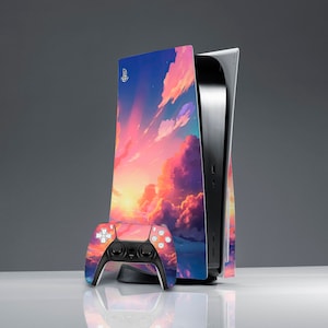 Sunset art skin PS 5 skin PS 5 console cover PS 5 controller Sticker wrap Pink Blue sky art Aesthetic art skin Console Skin clouds Anime