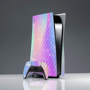 Fish scale print PS 5 skin sticker decal cute pink skin PS 5 controller ps 5 girly skin Sticker wrap PS 5 console cover Console Skin blue