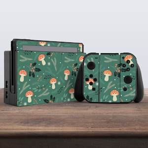 switch skin green switch skin mushrooms vinyl sticker nature aesthetic decal for console dock controller joycon joy con autumn skin leaves