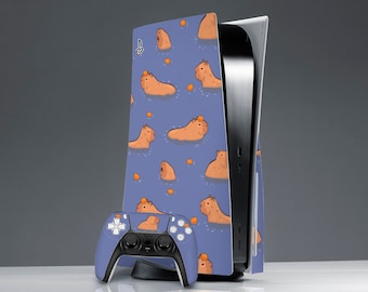 Cute capybara art PS 5 blue skin sticker decal PS 5 skin Funny animal print PS 5 controller Sticker wrap ps 5 console cover kawaii capy art