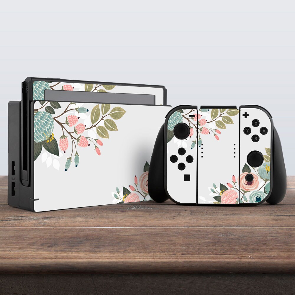 Nintendo switch skin floral vinyl sticker flower leaf white decal for console dock controller joycon joy con watercolor skin accessories