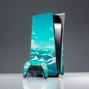 Simple waves art PS 5 skin blue Summer water art PS 5 controller Sticker wrap Console Skin ps 5 console cover Friends gift PS 5 skin decor