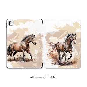 May include: A tablet case featuring a watercolor painting of a brown horse in motion. The design includes a pencil holder and a neutral-toned background with abstract paint splatters. The horse is depicted with a flowing mane and tail.