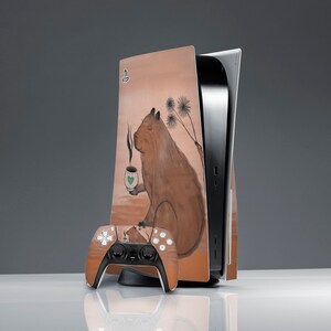 Calm capybara with tee PS 5 skin art Coffee print case Cute Kawaii art PS skin animal Sticker wrap PS 5 console cover ps artworks skin ps 5