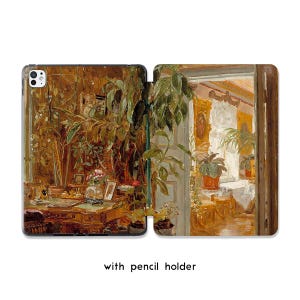 May include: An iPad case featuring a painting of an interior scene with a desk, plants, and a doorway. The case is brown with a pencil holder and a painted image of a room filled with plants and a desk. The text "with pencil holder" is at the bottom.