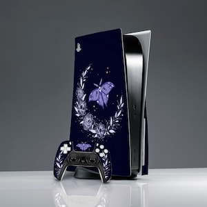 Purple butterfly PS 5 skin moon print skin sticker decal PS 5 controller floral skin mystical art skin PS 5 console cover ps 5 skin black