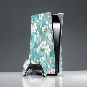 Aesthetic floral art White flowers print Sticker decal ps 5 digital skin ps 5 CD skin Sticker wrap PS 5 controller Light blue skin Console
