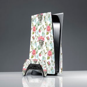 Human skull art Pink roses skin PS 5 console cover sticker decal PS 5 sticker Gothic art skin ps skin botanical Console Skin PS 5 controller