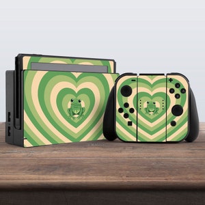switch skin green switch skin kawaii skin frog skin heart pattern aesthetic vinyl sticker decal for console dock controller joycon joy con
