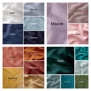 May include: A chart of 20 different colors of fabric with gold glitter. The colors are arranged in a grid of 5 rows and 4 columns. The colors include white, blue, indigo, coral, mustard, camel, eucalyptus, and more.