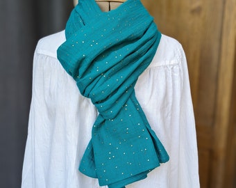 Gold polka dot cotton gauze scarf, stole, women&#39;s scarf