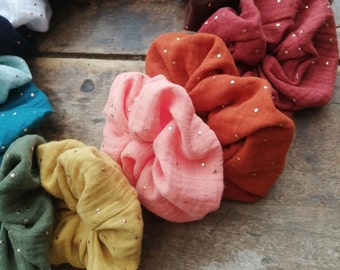 Elastic hair scrunchie in double cotton gauze with golden polka dots for women and children, scrunchies