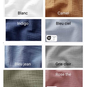 May include: A collage of 10 fabric swatches in different colors, including ecru, lin, blanc, indigo, camel, bleu ciel, bleu jean, gris clair, rose th&eacute;, and sauge. Each swatch has a small Oeko-Tex Standard 100 label.