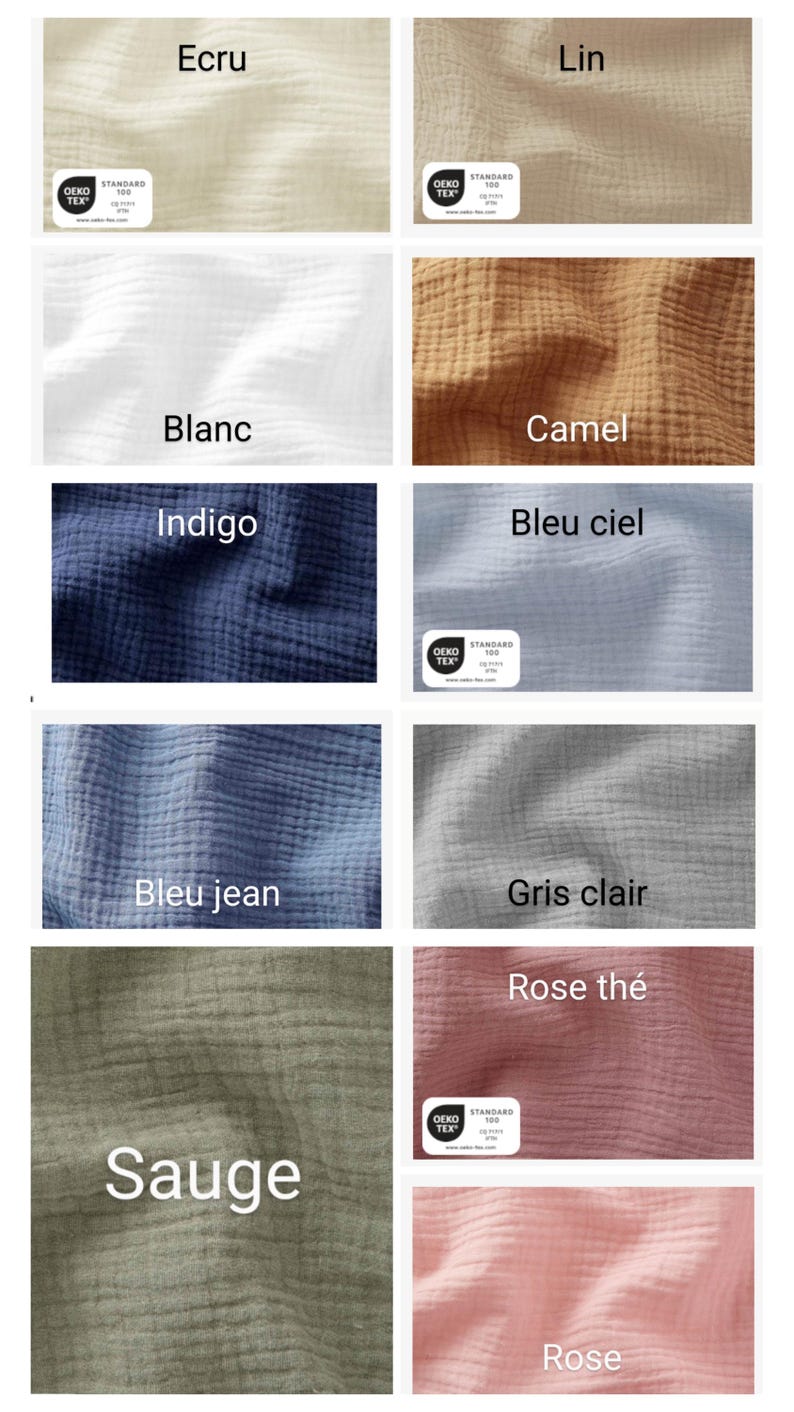 May include: A collage of 10 fabric swatches in different colors, including ecru, lin, blanc, indigo, camel, bleu ciel, bleu jean, gris clair, rose th&eacute;, and sauge. Each swatch has a small Oeko-Tex Standard 100 label.