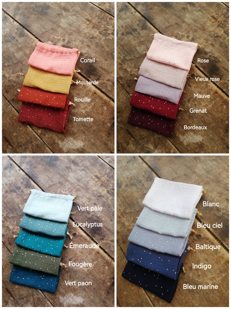 May include: A set of 10 fabric swatches in various colors, including coral, mustard, rust, burgundy, rose, old rose, mauve, maroon, white, light blue, teal, dark blue, green, and dark green. Each swatch has a subtle pattern of gold glitter dots.