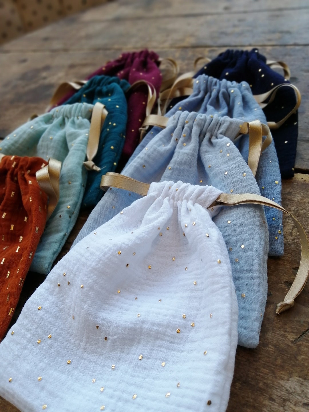 Double Cotton Gauze Fabric Pouch With Gold Polka Dots, Gift