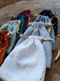 Double gauze cotton drawstring bag with gold polka dots, gift bag, reusable gift pouch, baby gift bag, laundry bag