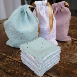 Washable makeup remover wipes in double cotton gauze and microfiber and their matching pouch, makeup remover cottons, gift idea