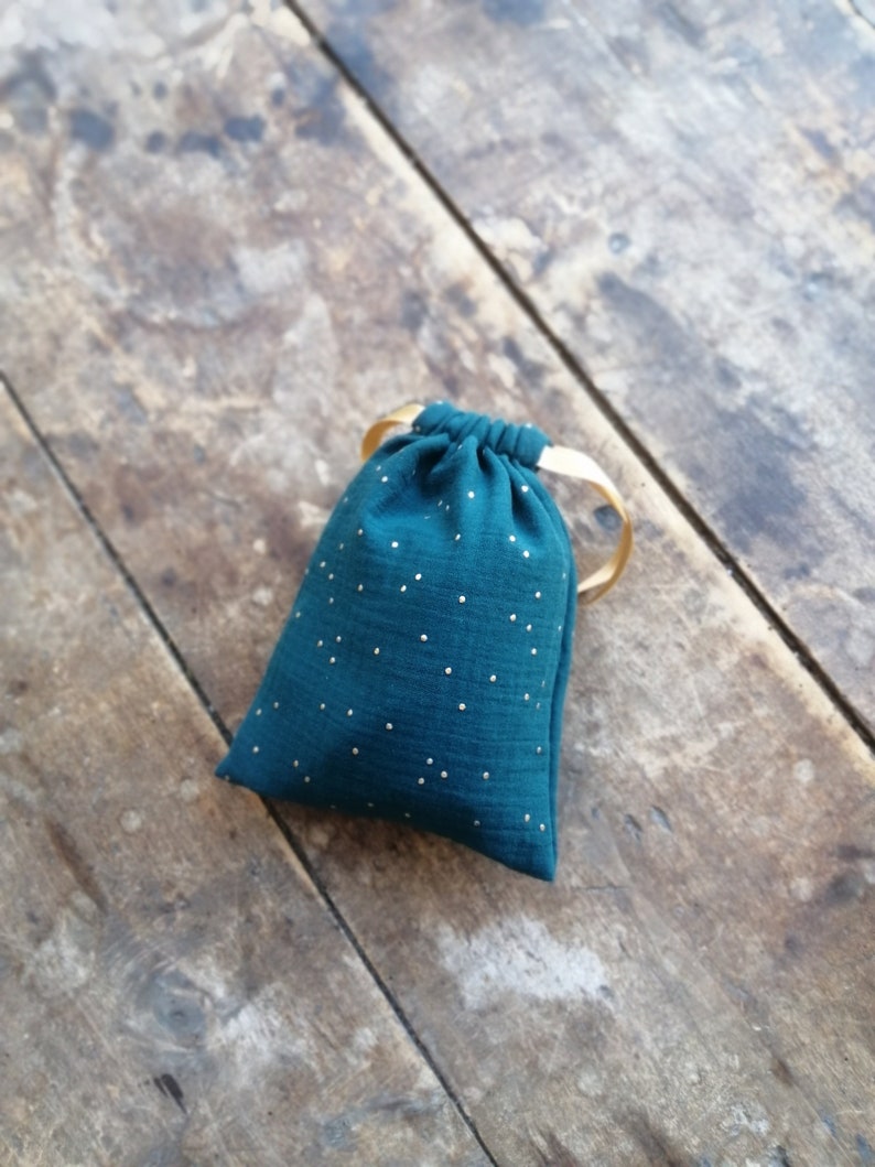 Double gauze cotton fabric pouch bag with gold polka dots, gift packaging, reusable gift pouch, birth pouch, laundry bag image 10