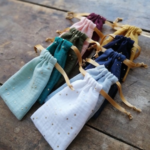 Lot de 10 sacs pochons réutilisables en tissu double gaze de coton à pois dorés, sac cadeau, emballage cadeau