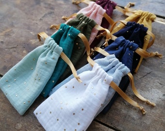Set of 10 reusable drawstring bags in double gauze cotton fabric with gold polka dots, gift bag, gift wrapping