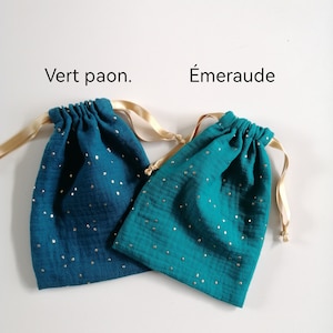 Sac pochon en tissu double gaze de coton à pois dorés, emballage cadeau zéro déchet, pochette cadeau réutilisable, pochon naissance zdjęcie 9