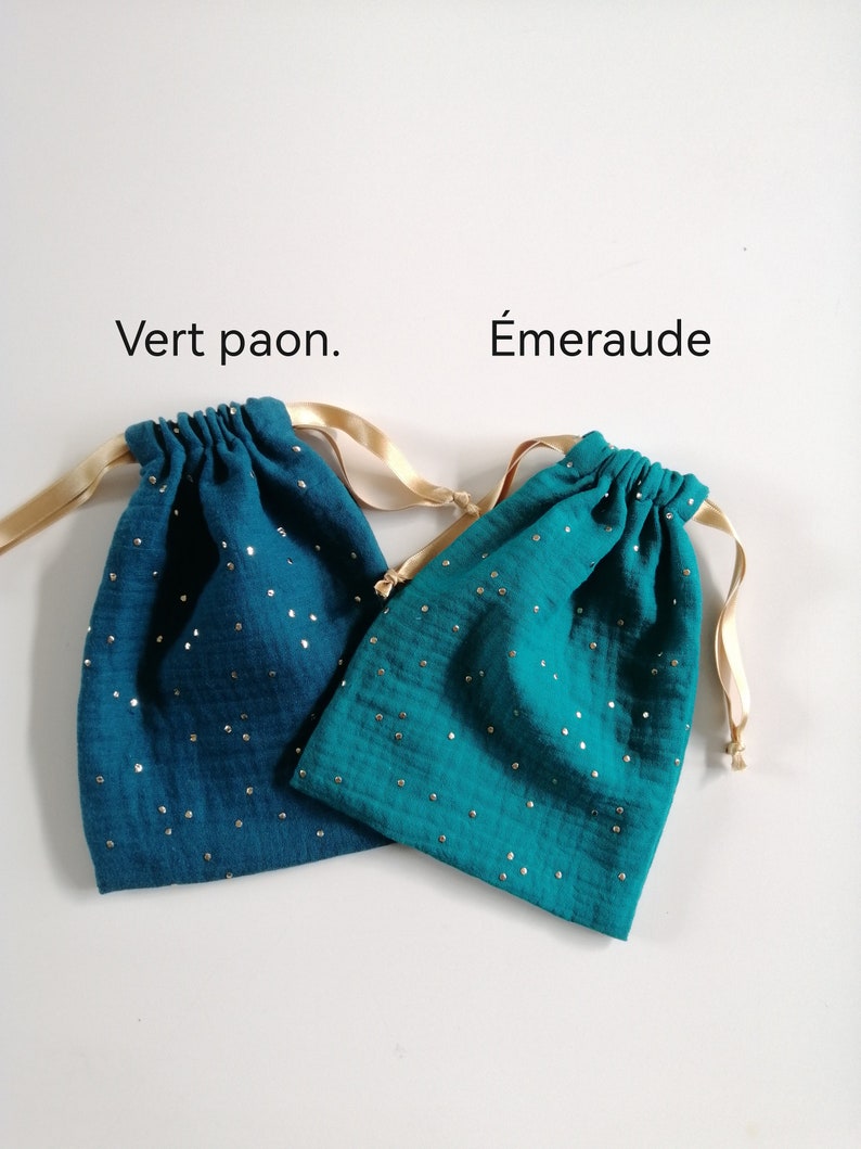 Sac pochon en tissu double gaze de coton à pois dorés, emballage cadeau zéro déchet, pochette cadeau réutilisable, pochon naissance zdjęcie 9