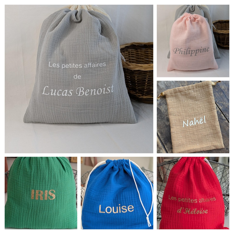 Personalized drawstring bag in double gauze cotton, nursery bag, daycare bag, baby gift bag, laundry bag, changing bag for children image 9