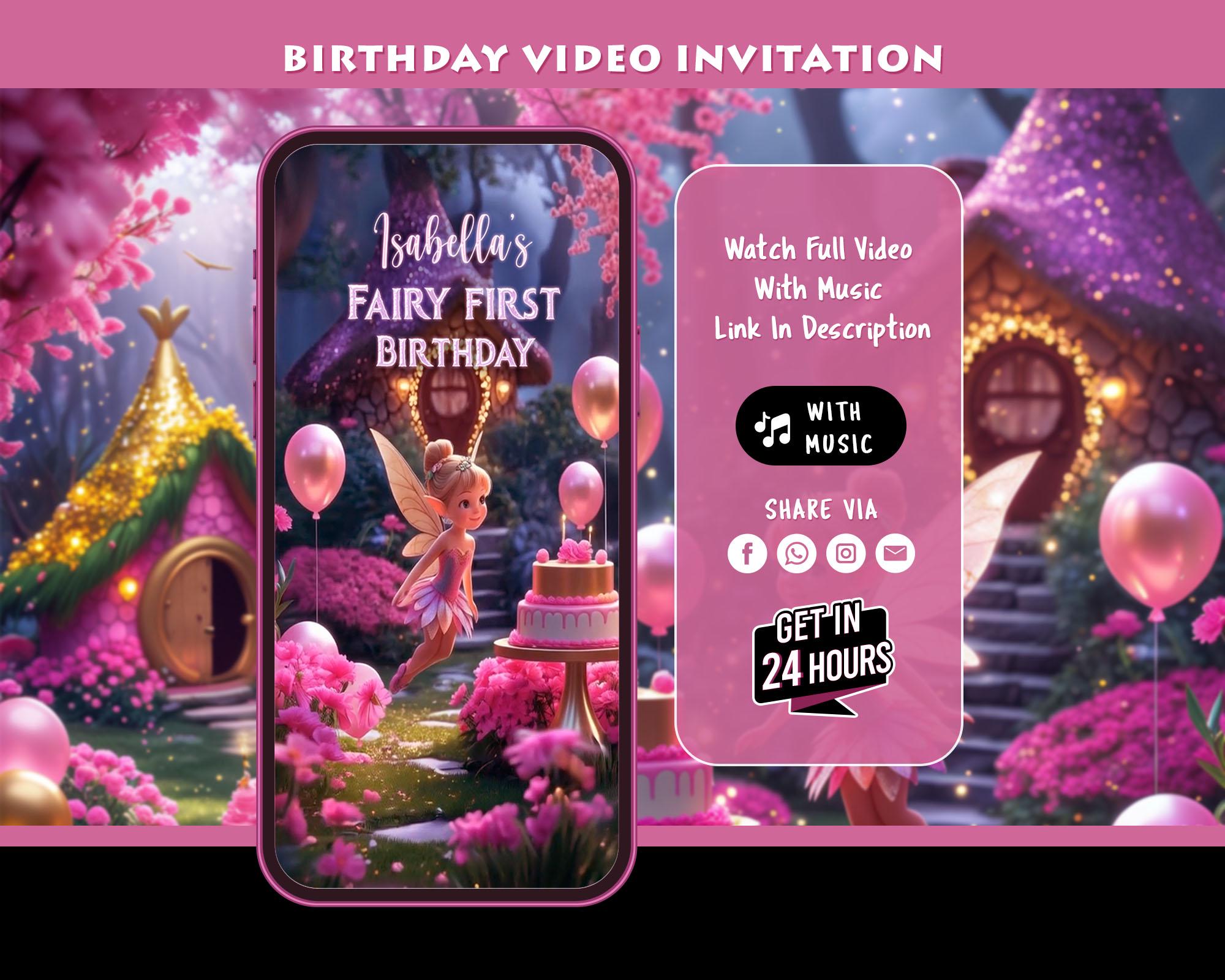 Fairy First Birthday Invitation, Fairy Invitation, Fairy Princess Party, Enchanted Garden Fairy Invitation, Video Invitation