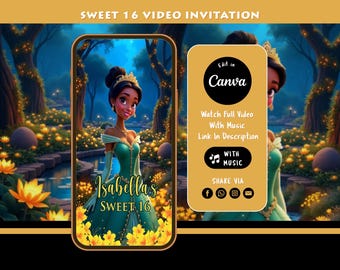 Video-uitnodiging Sweet 16 prinses Tiana | Bewerkbare Canva Sweet Sixteen-uitnodigingssjabloon