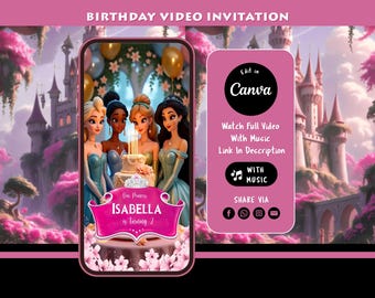 Invitación de video de cumpleaños de princesa, plantilla editable de Canva, descarga digital para fiesta de niñas con temática real
