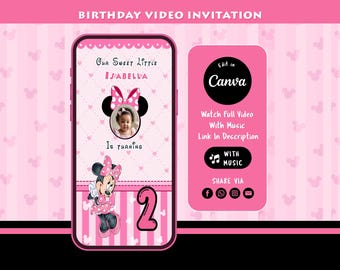 Editable Minnie Mouse Birthday Invitation Video, Oh Twodles Invite, 2nd Birthday Canva Template