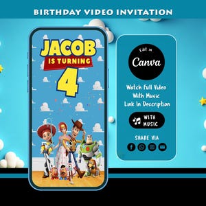 May include: A digital birthday video invitation featuring characters from a popular animated film. The invitation is for Jacob, who is turning 4. The design includes the text "BIRTHDAY VIDEO INVITATION" and instructions to edit in Canva.