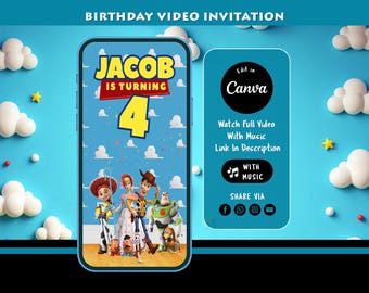 May include: A digital birthday video invitation featuring characters from a popular animated film. The invitation is for Jacob, who is turning 4. The design includes the text "BIRTHDAY VIDEO INVITATION" and instructions to edit in Canva.