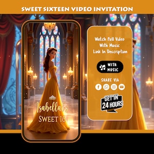 Sweet 16 Invitation, Quinceañera Video Invitation, Princess Belle Video Invitation, Save The Date, Quince Invitation, Animated Invitation