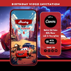 Puede incluir: Una invitación de video digital de cumpleaños con los personajes animados de Cars. La invitación está diseñada para parecerse a una pantalla de teléfono inteligente, con el nombre "Henry" y la edad "4" mostrados. El fondo muestra un paisaje desértico con coches animados.