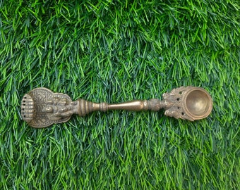 Brass Holy Water Spoon,Hand Carved Indian God with Sheshnaag work Spoon,Spiritual / Vintage Brass Prayer Spoon,Hawan Spoon,Puja Aarti Spoon