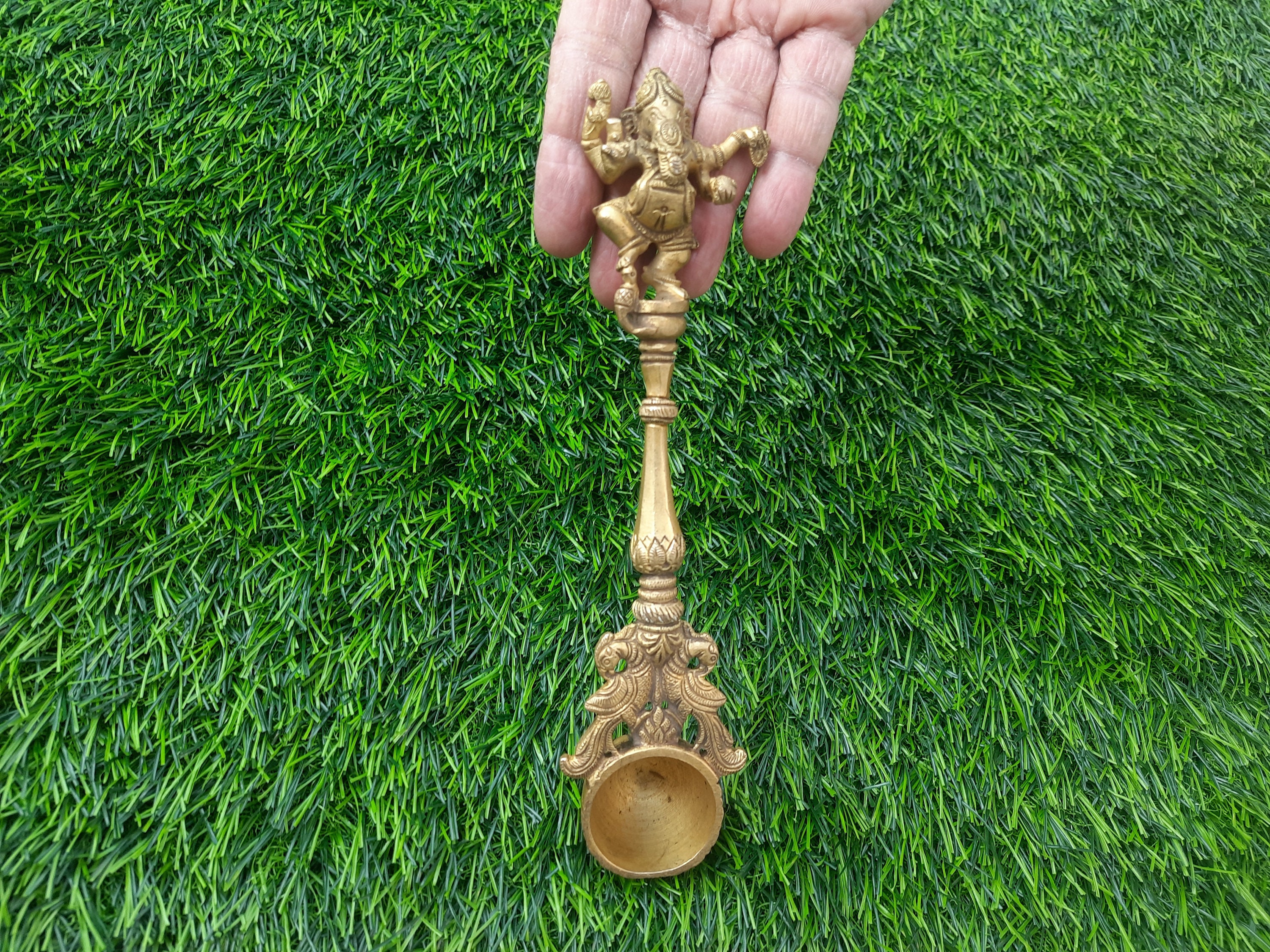 Brass Holy Water Spoon,hand Carved Standing Lord Ganesha Work Spoon ...