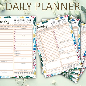 May include: Daily planner sheets with floral and leaf designs. Each sheet has a schedule, to-do list, and space for notes. The text "DAILY PLANNER" is at the top. The sheets are decorated with watercolor-style flowers and leaves.