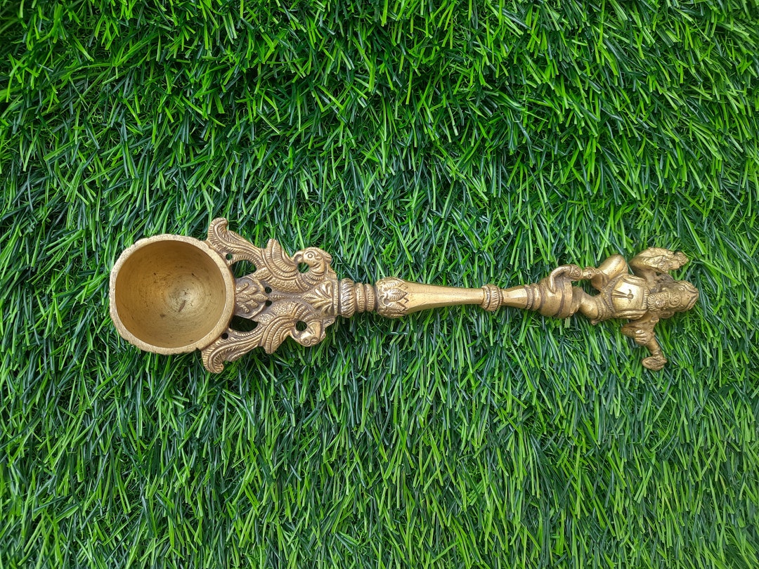 Brass Holy Water Spoon,hand Carved Standing Lord Ganesha Work Spoon ...