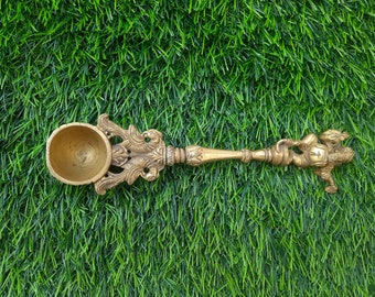 Brass Holy Water Spoon,Hand Carved Standing Lord Ganesha work Spoon,Spiritual Spoon,Vintage Brass Prayer Spoon,Hawan Spoon Peacock Design