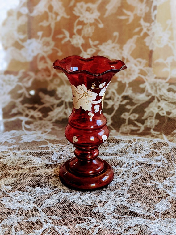 Vintage Small Cranberry Glass Vase w/Painted Grapes & Leaves Etsy
