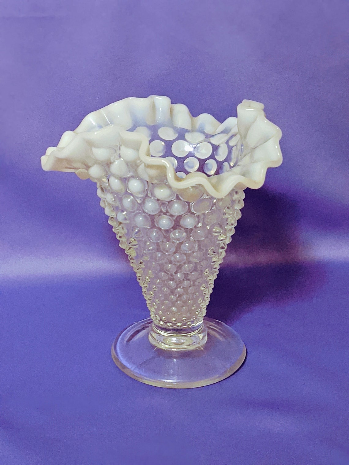 Vintage Clear Glass Hobnail Vase W/ White Ruffled Top Etsy